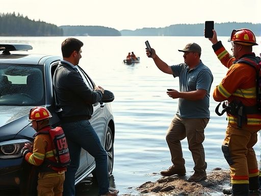 男子乘网约车面试，被女司机连人带车送进湖里，男子上岸喊道“我要面试”，消防员一边救人一边举着接单手机